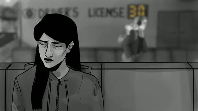 Run Away With Me (still — at the DMV)